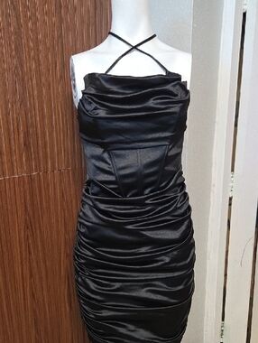 Black Strapless Ruched Satin Mini Dress [1236] Large Sz